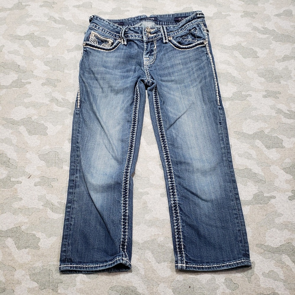 Vigoss Jeans Womens 5/6 Blue The Dublin Capri Bling Medium Wash Denim Stretch